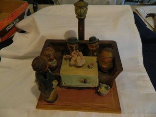 Vintage Anri Wood Carved Bar Set 4 Men At Table W Girl Dancing To Music From Box
