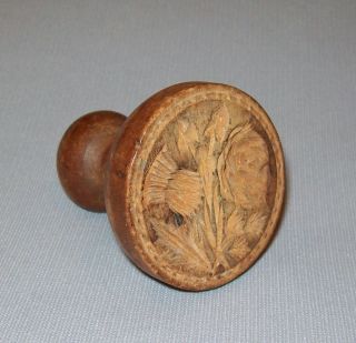 Antique 19th C Hand Carved Miniature Wooden Butter Stamp 2.  5 " Tall Nicely Carved