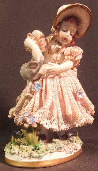 Vint Dresden Lace Porcelain Figurine,  Girl Watering Can,  Dresden Germany 5 1/2 "