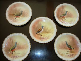 Antique Limoges Coronet Hand Painted Set Of 5 Plates,  Birds Game,  Signed " Rene` "