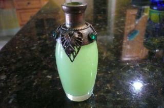 Rare Jeweled Green Opaline Glass Perfume Bottle (no Stopper)