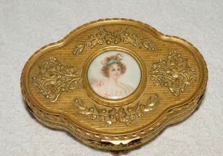 Vintage Dore Bronze Jewelry Box With Painted Portrait Under Glass