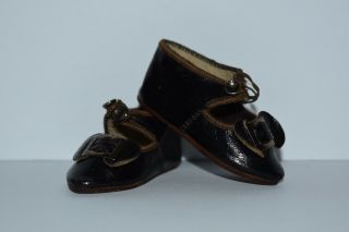 Antique Bru Jne Doll Shoes - Black Leather Uppers,  Buckles - Size 7,  Paris
