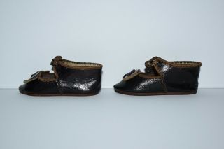 Antique BRU JNE Doll Shoes - Black Leather Uppers,  Buckles - Size 7,  Paris 2
