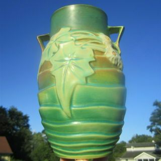 Roseville Luffa Jade Green Glaze Art Deco Pottery Vase Mid - Century Modern Design