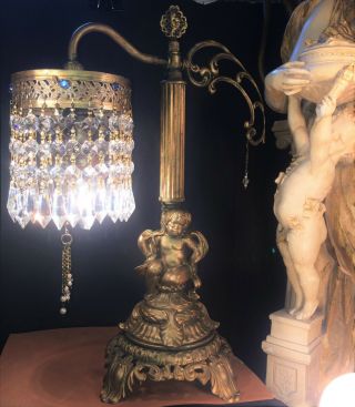 Fine Antique French Gilt Bronze Jeweled Cherub Lamp W/ Austrian Crystals C1920