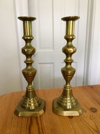 12 " Pair Antique Beehive Shaped Candlesticks With Push Ups,  C.  1860 Brass