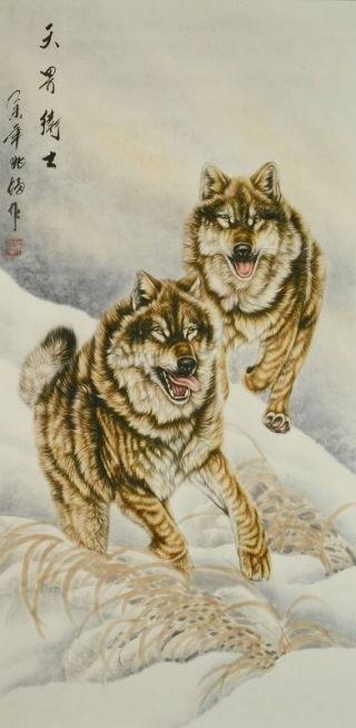 CHINESE PAINTING HANGING SCROLL China snow WOLF Dog OLD AGED ART From Japan a725 2