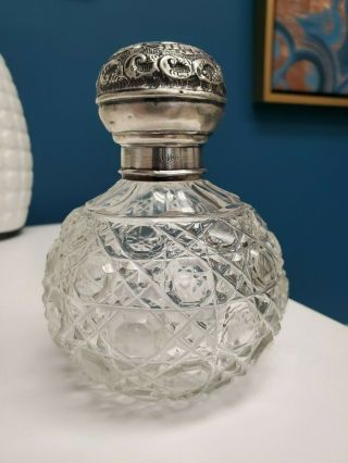 Antique British 1908 Glass Crystal Sterling Silver Perfume Scent Cologne Bottle