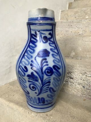 Antique Blue Decorated Salt Glazed Pitcher Jug Stoneware Large 16” 1800’s 6