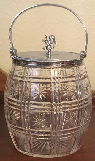 Antique Victorian Biscuit Barrel Jar Silver Plate Cut Panel Star W/ Lion Finial