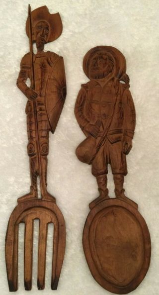 Vintage Don Quixote & Sancho Panza Hand Carved Wooden Fork And Spoon Set Spain