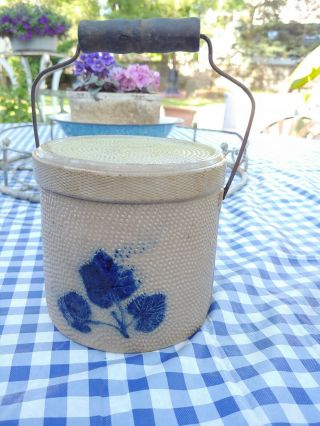 Small Decorated Antique Cobalt Blue Stoneware Butter Crock