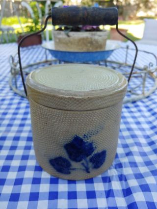 Small Decorated Antique Cobalt BLUE STONEWARE BUTTER CROCK 2