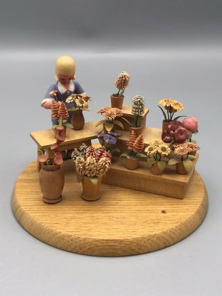 Vtg Hand Crafted Intricate Wood Miniature Folk Art Florist Shop Figurine Germany
