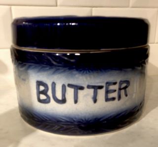 Antique Blue Salt Glazed Butter Crock In Shape,  Look