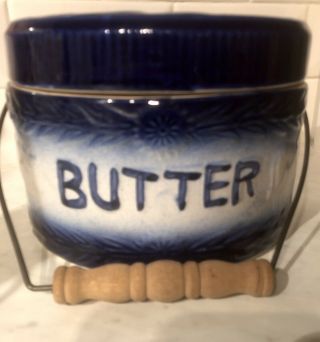 Antique Blue Salt Glazed Butter Crock in shape,  LOOK 2