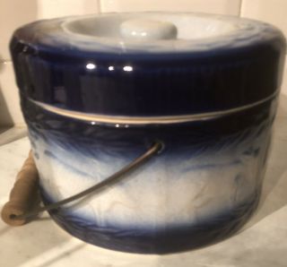 Antique Blue Salt Glazed Butter Crock in shape,  LOOK 3
