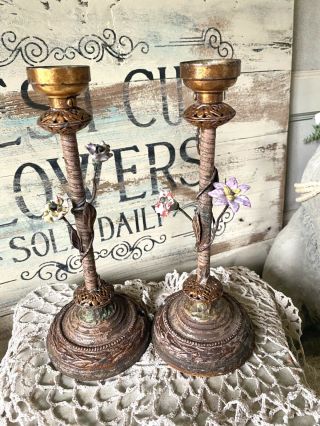 Antique Vtg Cast Iron Tole Ware Porcelain Flower Salvage Lamp Base Pair Sweet