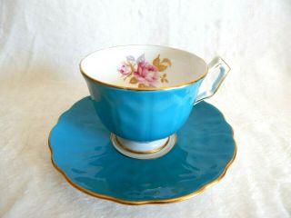Aynsley Handpainted In England.  Turquoise Teal And Gold Rose Teacup And Saucer
