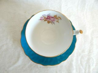 Aynsley Handpainted in England.  Turquoise Teal and Gold Rose Teacup and Saucer 2