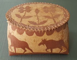 Vintage Native American Indian Birch Bark Covered Basket 12 " X 10 " X 9 " Moose