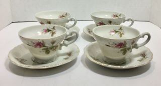 Rare,  Vintage Bond Ware Set Of 4 Tea Cups And Saucers,  Floral White Roses