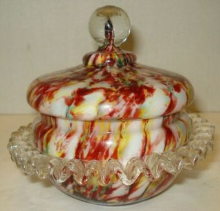 Antique Victorian Blown Dish W/ Lid Applied Clear Ruffle On Cased Spatter Glass