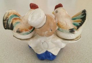 Vintage Salt/Pepper Shaker 3 Piece Set Chef Hen Rooster Chicken Ceramic Japan 2