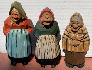 Trio Vintage Swedish Wood Figures Hand Carved Old Ladies Sweden Scandinavia