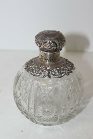 Antique Large Cut Crystal & English Sterling Silver Neck & Cap,  Perfume Bottle