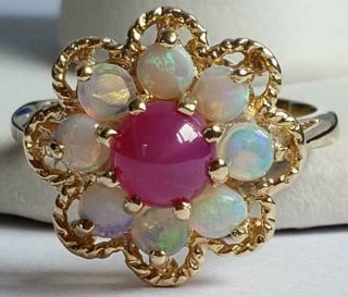 Hard To Find Pink Linde Star Ruby 8 Opals 14k Yellow Gold Vintage Size 3.  5 Ring