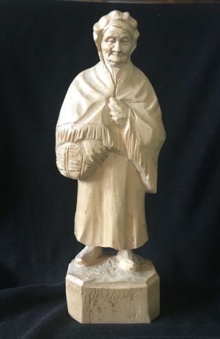 Andre Bourgault Old Woman 13 Inch Wood Carving 1955