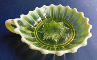 Unusual Victorian Pressed Citrine Uranium Vaseline Glass Shallow Handled Bowl