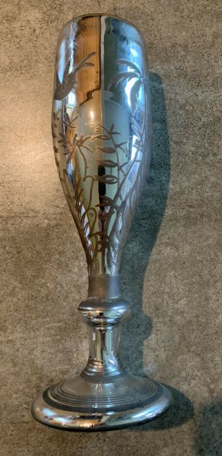 Antique 9” Mercury Glass Wine Goblet Etched Bird Butterfly & Palm Trees