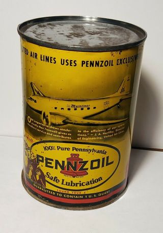 Vintage Full Pennzoil Motor Oil Can With Dc3 Airplane And 3 Owls On The Back