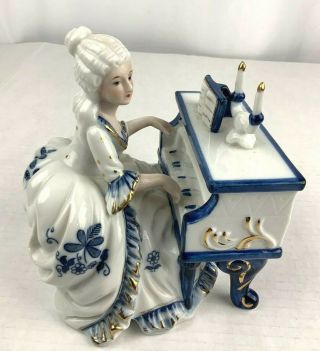 Vintage Porcelain Figurine Lady Playing Piano White Blue Gold Victorian Style