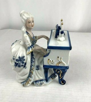 Vintage Porcelain Figurine Lady Playing Piano White Blue Gold Victorian Style 2