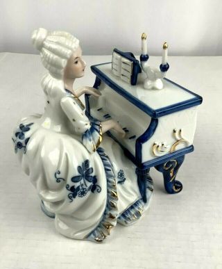 Vintage Porcelain Figurine Lady Playing Piano White Blue Gold Victorian Style 3
