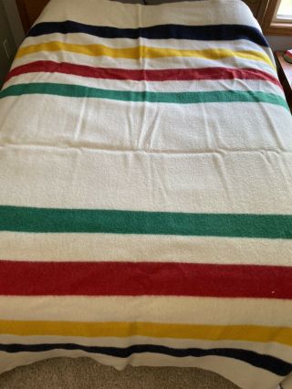 Vintage Hudson Bay Wool Blanket 4 Point Stripe 72x90 Made In England W/ Box