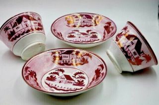 2 Pink Lustre Lustreware No Handle Cup & Saucer House England 1880 Antique Excel