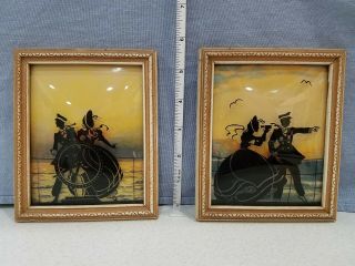 Set Of 2 Convex Glass Reverse Painted Antique Silhouettes Framed Pictures At Sea