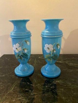 Pair English Bristol Vases,  Mid 19th Century,  Blue Decorated With Floral Enamel
