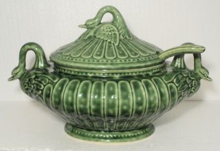 Vintage Green Swan Soup Tureen With Ladle