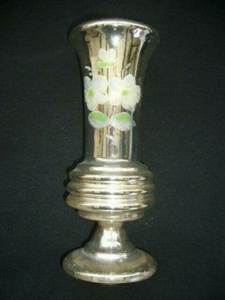 Antique Silver Mercury Glass Vase 7 - 1/2 " Tall Classic With Floral Design Painted