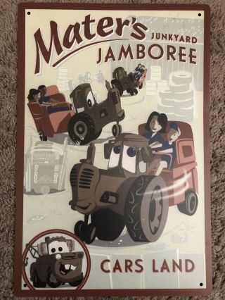 Tin Sign " Mater Junkyard Jamboree " Disney Cars Pixar Ride Movie Poster