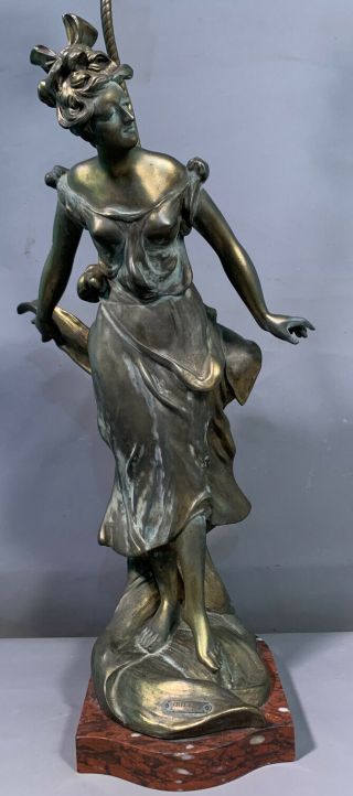 Ca.  1910 Antique French Art Nouveau Era Bronzed Spelter Lady Statue Figural Lamp