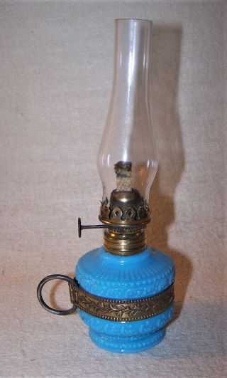 Fine Antique Miniature Oil Finger Lamp - Blue Milk Glass - Unusual Finger Ring