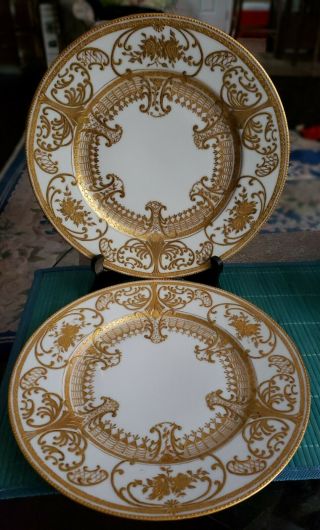 2 Elegant Antique Cabinet Display Plates Hand Painted Gold Encrusted Dated