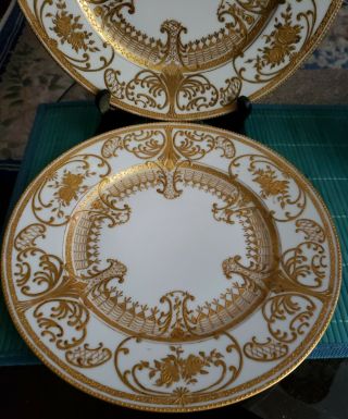 2 ELEGANT ANTIQUE CABINET DISPLAY PLATES HAND PAINTED GOLD ENCRUSTED DATED 2